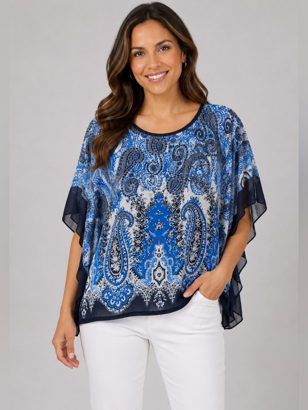 Roz & Ali Blue Paisley Sheer-Trim Blouse